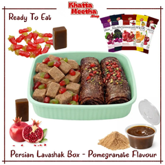 Torshi Seven Persian Lavashak Ready to Eat Box – 2 Fruit Leather Roll – 10 Masala Fruit Bar – Pomegranate Flavor With Tamarind (Imli) Sauce Churan Chaat Masala Powder & Chilli Mili – Persian Snack Original Irani Sheet In Khatta Meetha