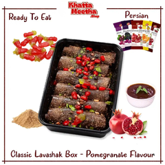 Torshi Seven Persian Lavashak Fruit Leather Roll – Original Iranian Sheet – Pomegranate Flavor With Tamarind Sauce Churan Chaat Masala Powder & Chilli Mili – Persian Snack Fruit Bar – Ready to Eat In Khatta Meetha